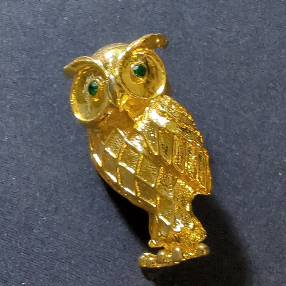Gold Owl Brooch with Green Eye Accents Rhinestones Vintage